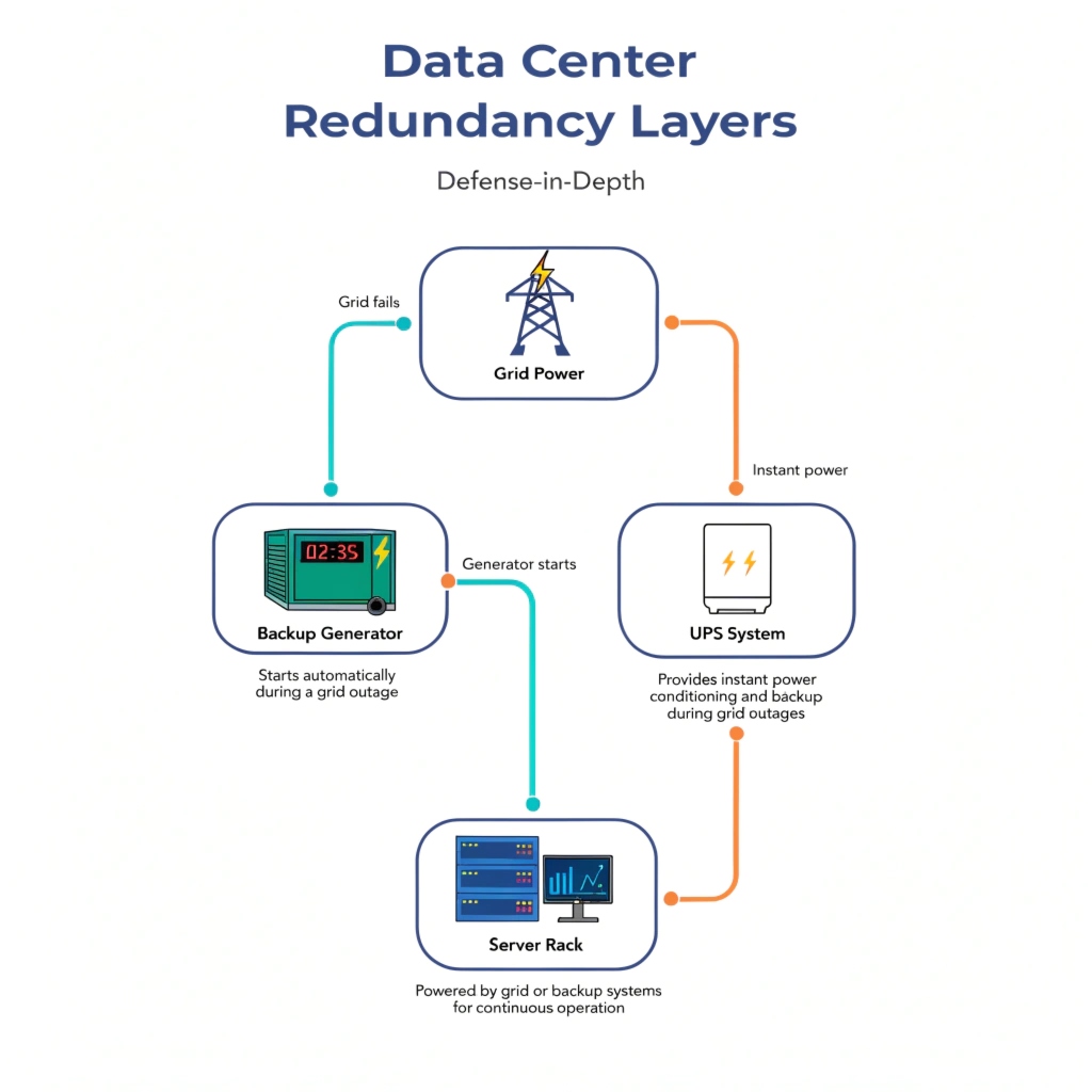 A diagram showing multiple layers of protection: Grid, Generator, UPS, and Servers
