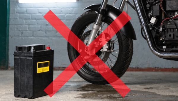 A UPS battery next to a motorcycle with a large red 