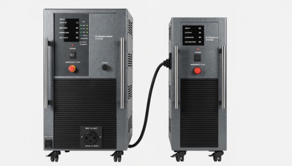 A large UPS with a matching External Battery Module (EBM) connected via a thick cable