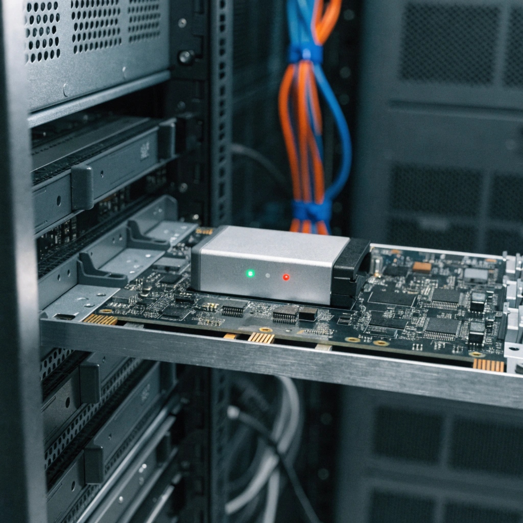 A close-up of a server motherboard with a small battery pack attached