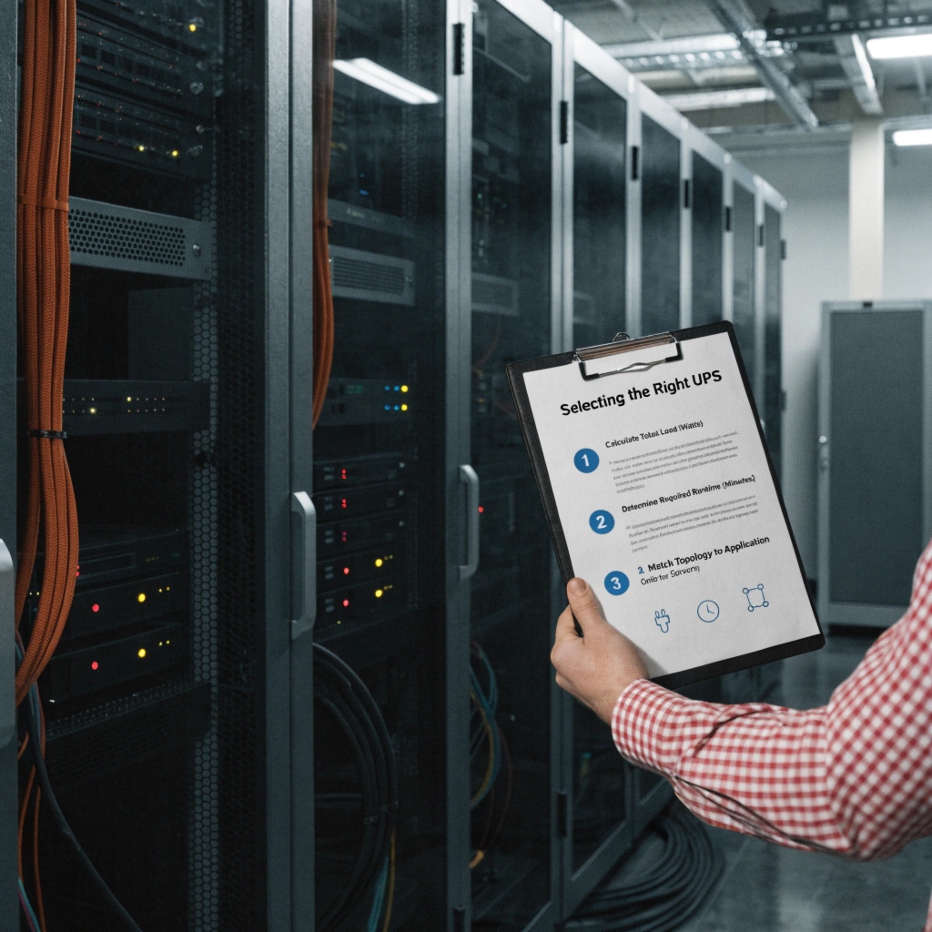 A person pointing at a checklist with items like Load, Runtime, and Topology for choosing a UPS