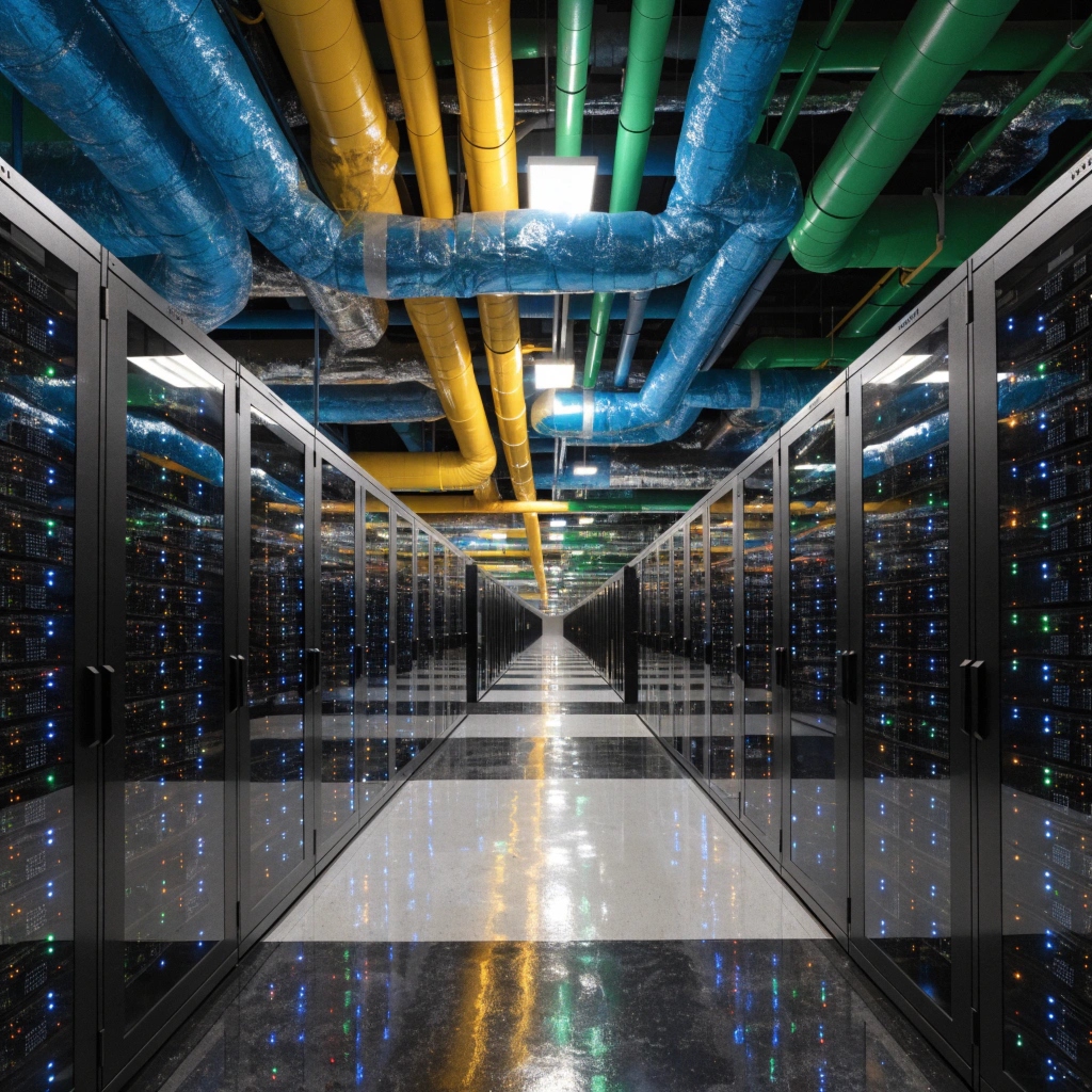 An image of the inside of a vast, colorful data center with rows of server racks and exposed cooling pipes