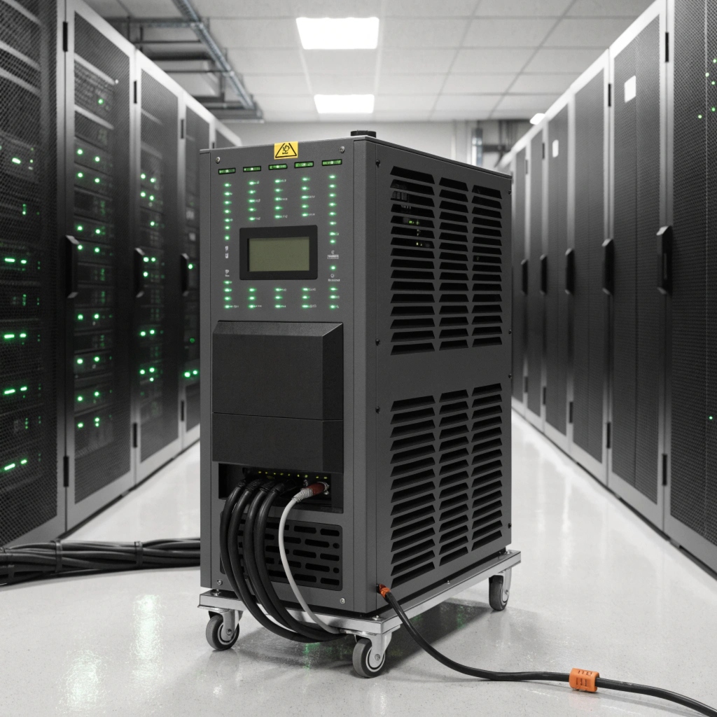 An image of a mature, well-maintained UPS unit in a clean server room, still operating perfectly