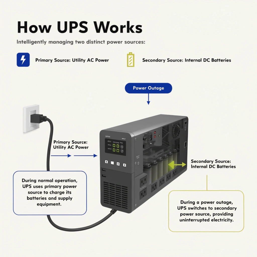 An image showing a UPS with a power cord from a wall outlet and an arrow pointing to a battery bank inside it
