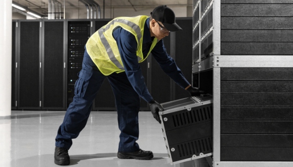 A technician in a server room sliding a new battery module into a large UPS system