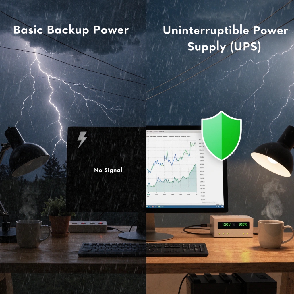 A side-by-side comparison showing a computer crashing with basic backup, while another runs smoothly with a UPS