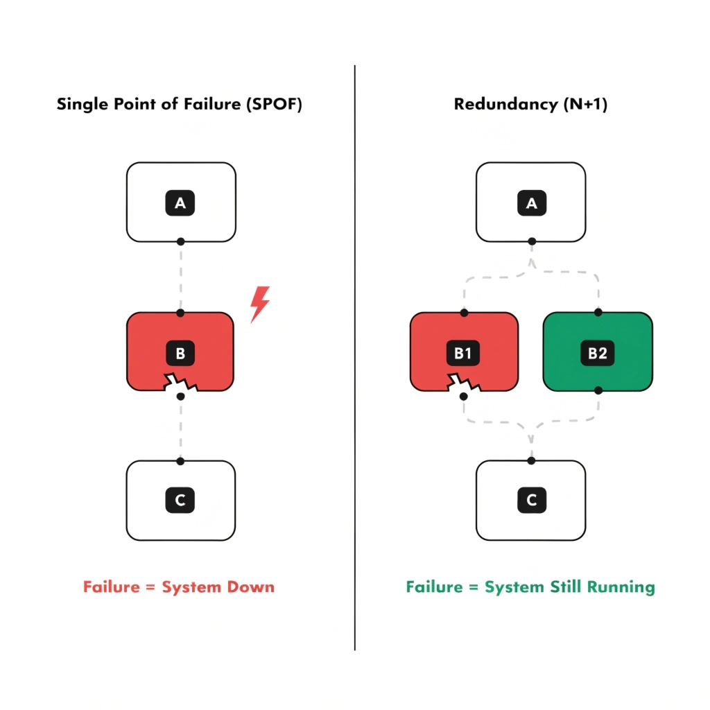 A simple diagram showing a single path (SPOF) versus multiple parallel paths (redundancy)