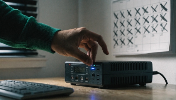 A UPS unit with a power button being pressed, with a calendar showing 15 days crossed off