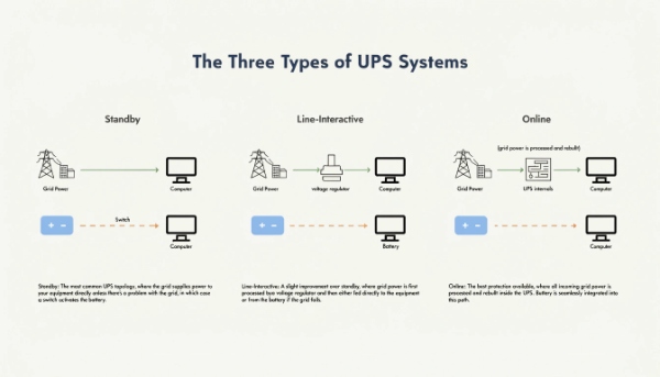 Three icons showing the power flow for Standby, Line-Interactive, and Online UPS systems