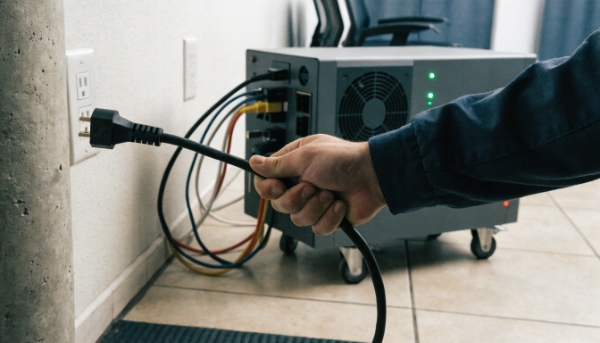 A hand unplugging a UPS power cord from a wall outlet