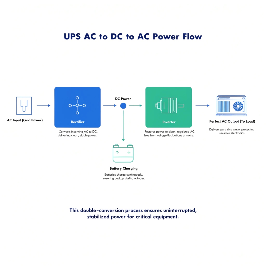 A simple flow diagram: AC from wall -> UPS Rectifier -> DC for Battery -> UPS Inverter -> AC to Server