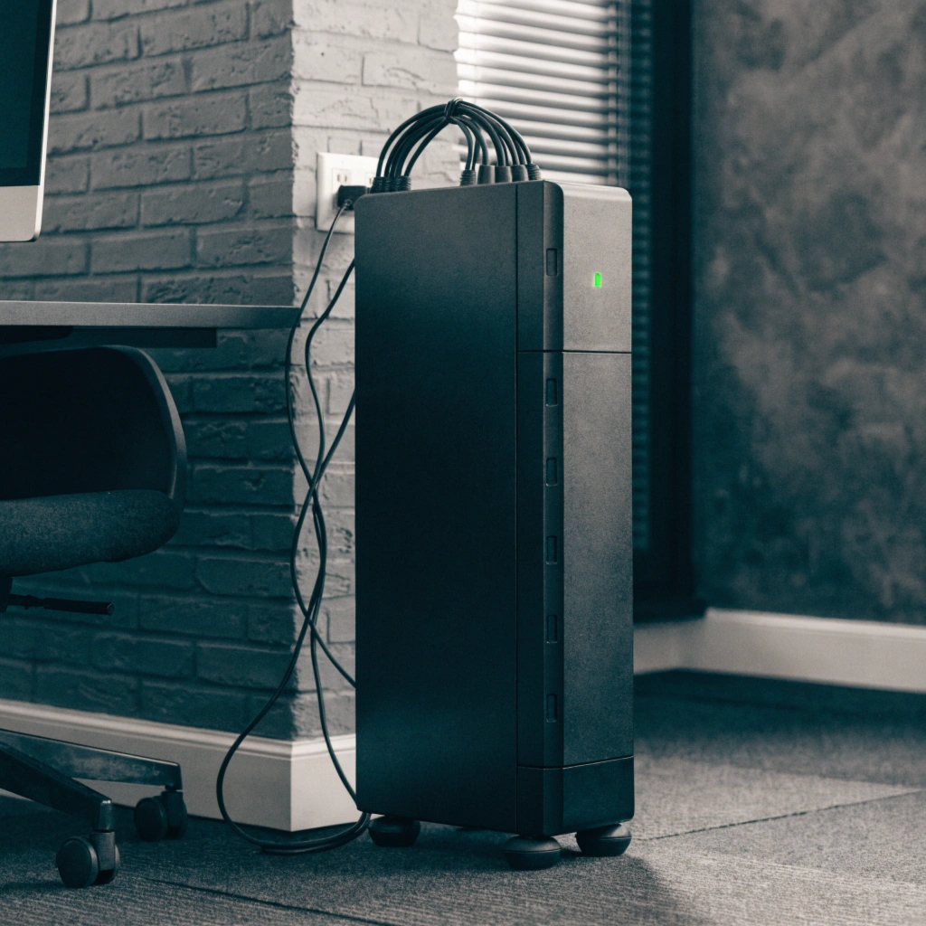 A UPS unit plugged into a wall outlet, with a green light indicating normal operation