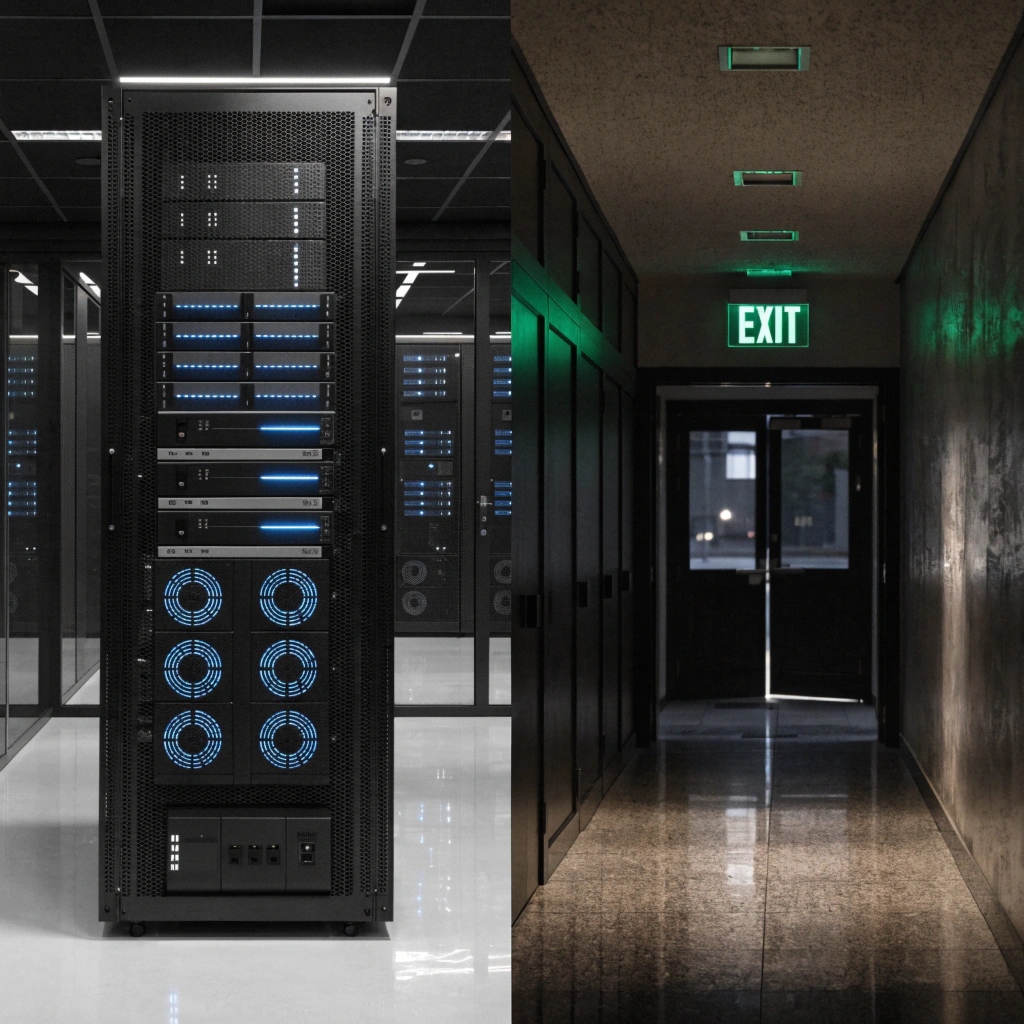 A split image showing a server rack on one side (UPS) and an illuminated emergency exit sign on the other (EPS)
