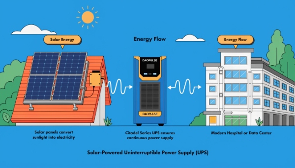 An image showing solar panels, a DAOPULSE UPS, and a building, connected in a seamless flow