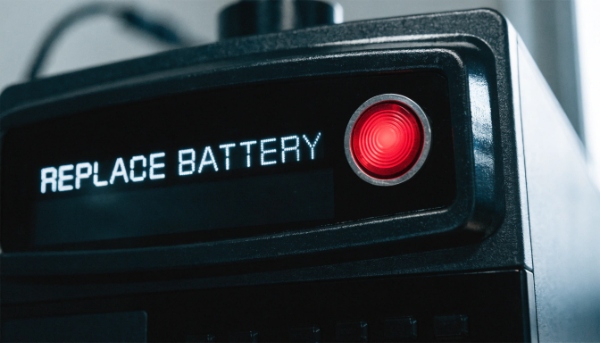 The front panel of a UPS with a red 