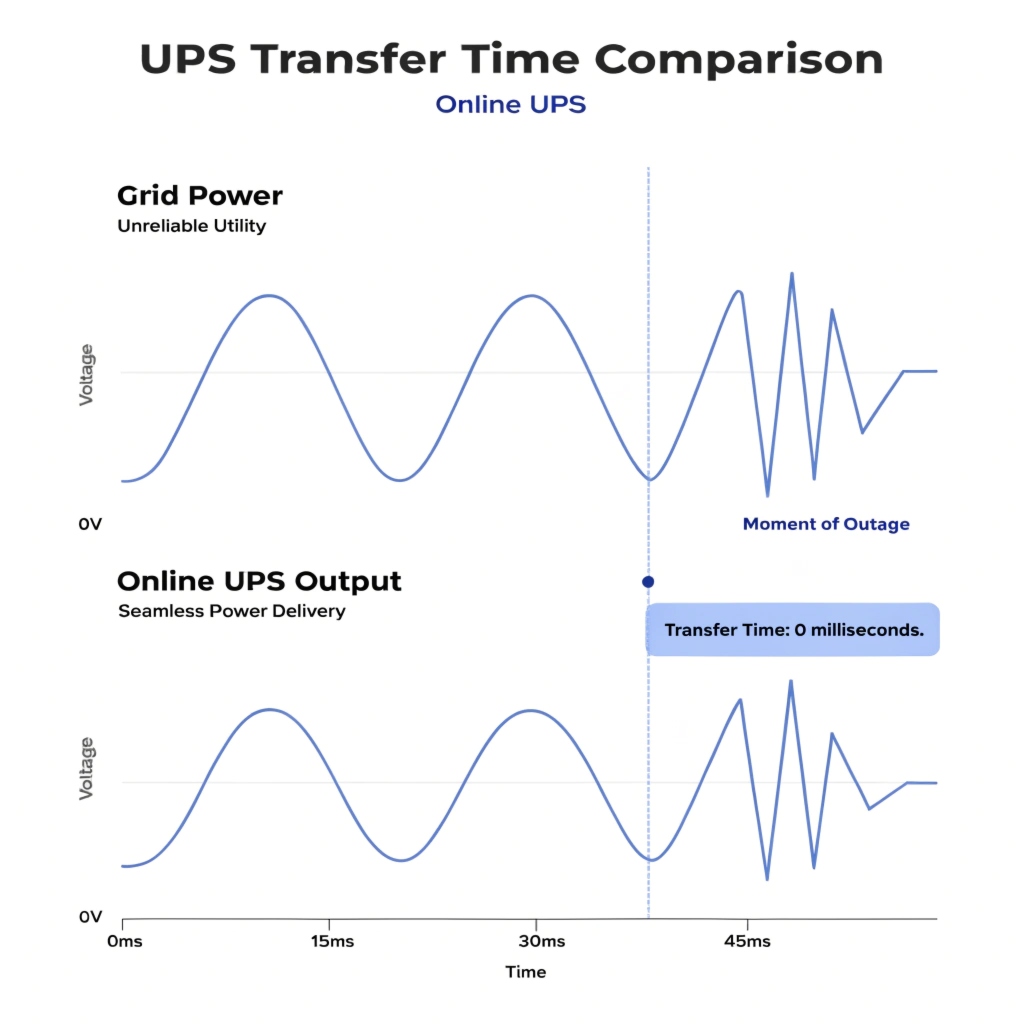 A waveform graph showing the seamless power transfer of an Online UPS with 0ms delay