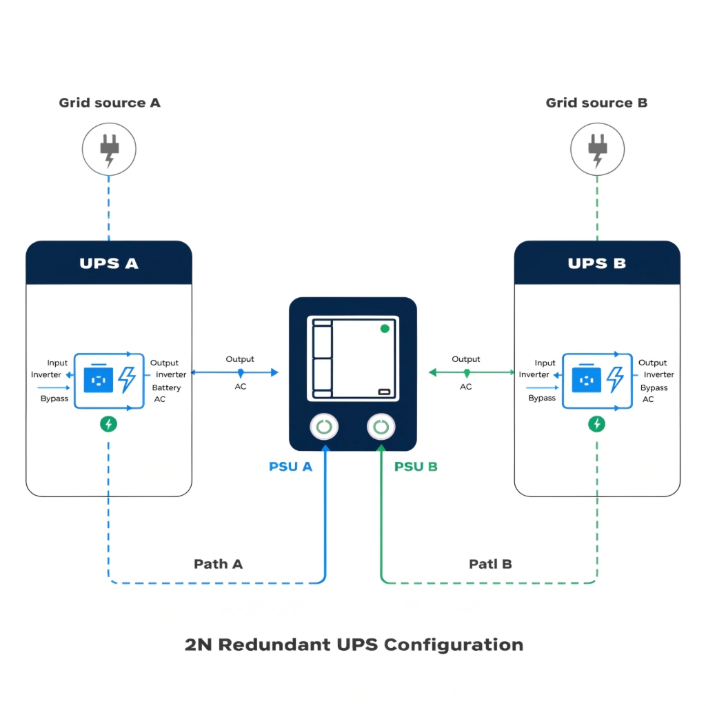 A diagram showing a server with two power supplies, each connected to a separate, independent UPS