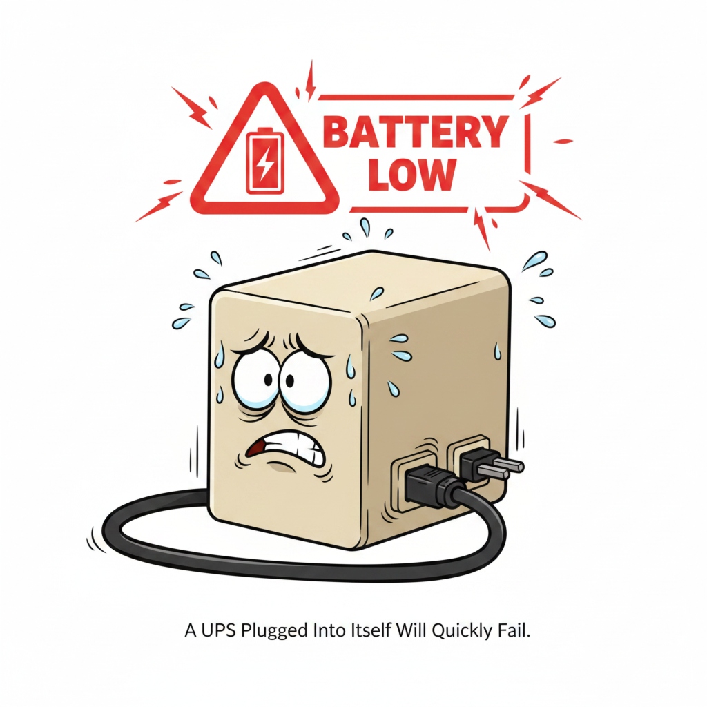 A cartoon image of a UPS with its power cord plugged into one of its own outlets, looking tired with a low battery symbol