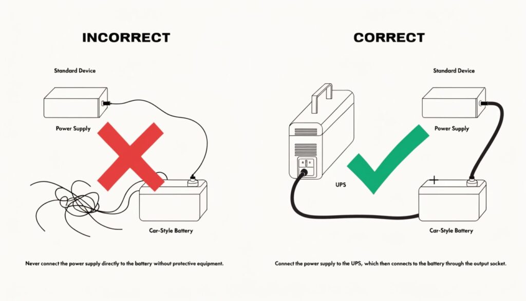 A diagram showing the WRONG way (wires from a battery to a power brick) with a red X, and the RIGHT way (a power brick plugged into a UPS) with a green checkmark