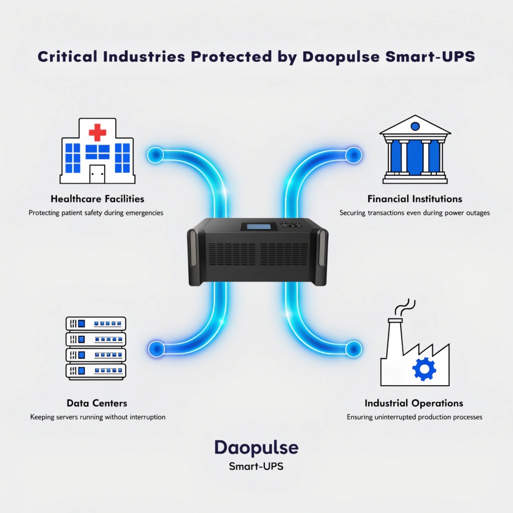 An image showing icons for a hospital, a bank, a data center, and a factory, all being protected by a central Daopulse Smart-UPS unit