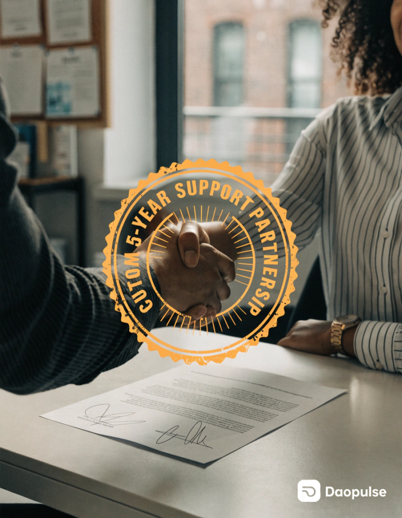 An image of two business professionals shaking hands over a contract, with a '5-Year Custom Warranty' stamp graphic overlaid