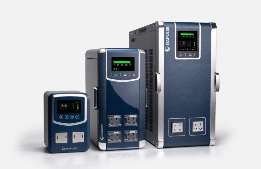 A product lineup image showcasing different sizes and types of DAOPULSE UPS units, from small desktop models to large rack-mounted systems