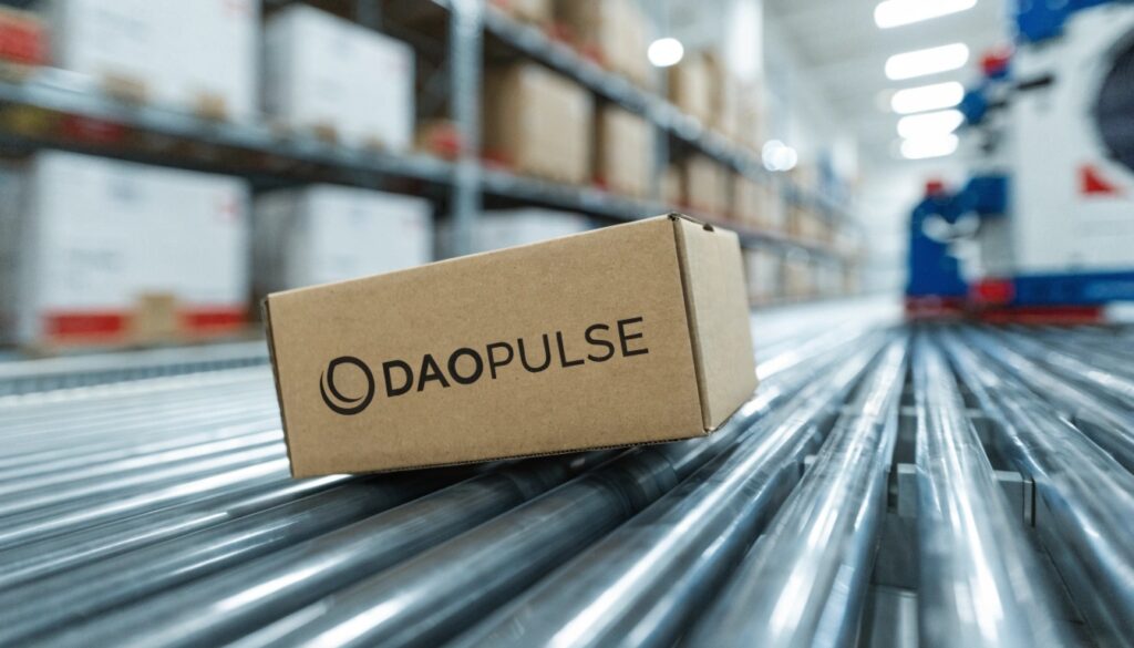 An image of a DAOPULSE box on a conveyor belt in a warehouse, representing the two paths of logistics and fulfillment