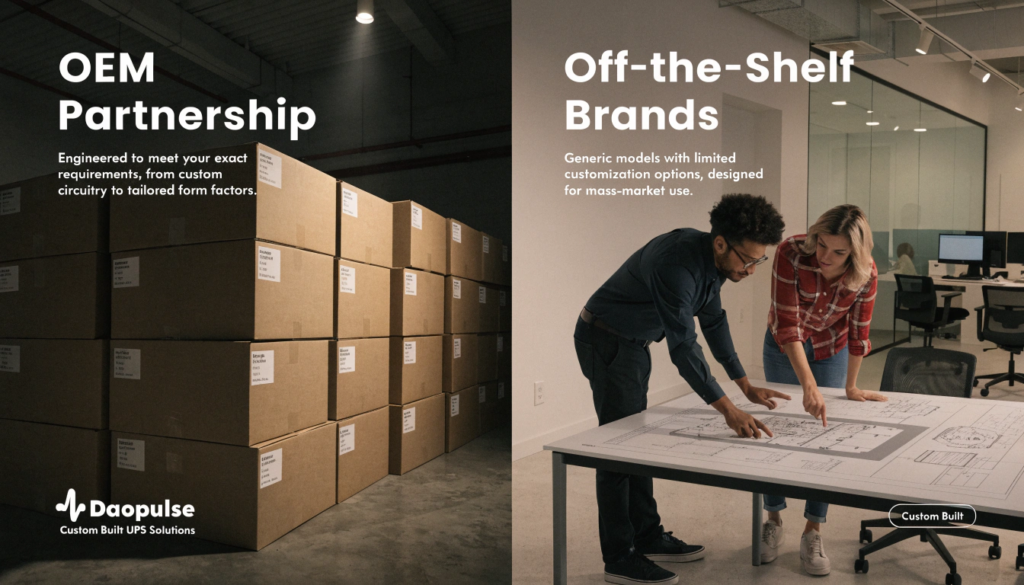 A split image showing a stack of generic, identical UPS boxes on one side, and a Daopulse engineer collaborating with a client on a custom UPS blueprint on the other