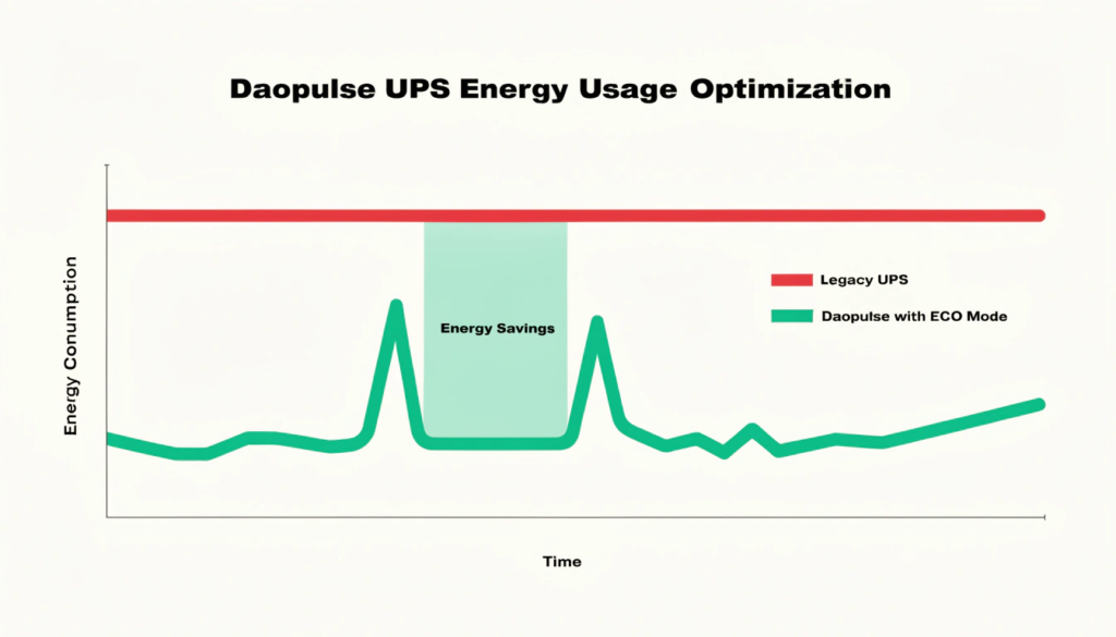 A graph showing two lines: a high, flat line for 'Old UPS Power Consumption' and a lower, fluctuating line for 'Daopulse with ECO Mode', demonstrating savings