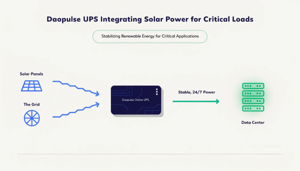 A clear diagram showing solar panels and the grid feeding into a Daopulse UPS, which then provides a single, stable power line to a data center