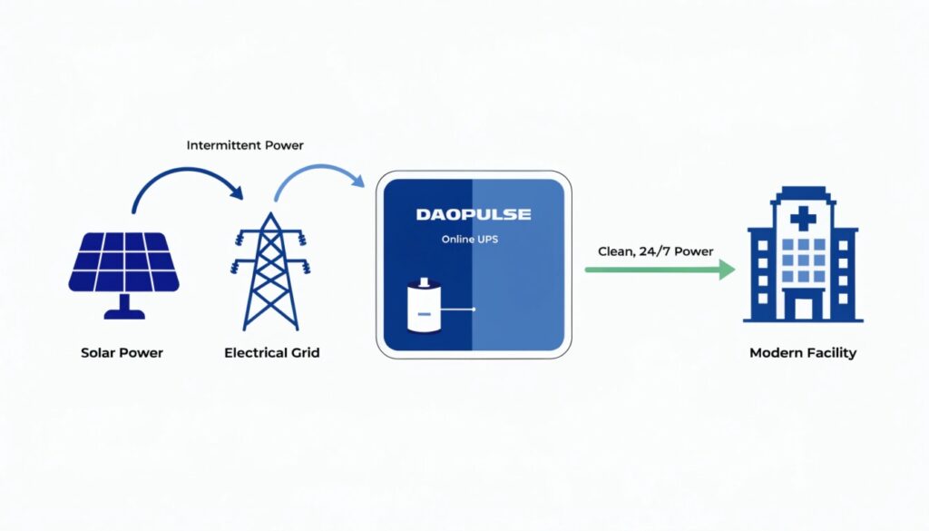 A diagram showing a solar panel and the grid feeding into a DAOPULSE UPS, which stores energy and provides clean power to a hospital