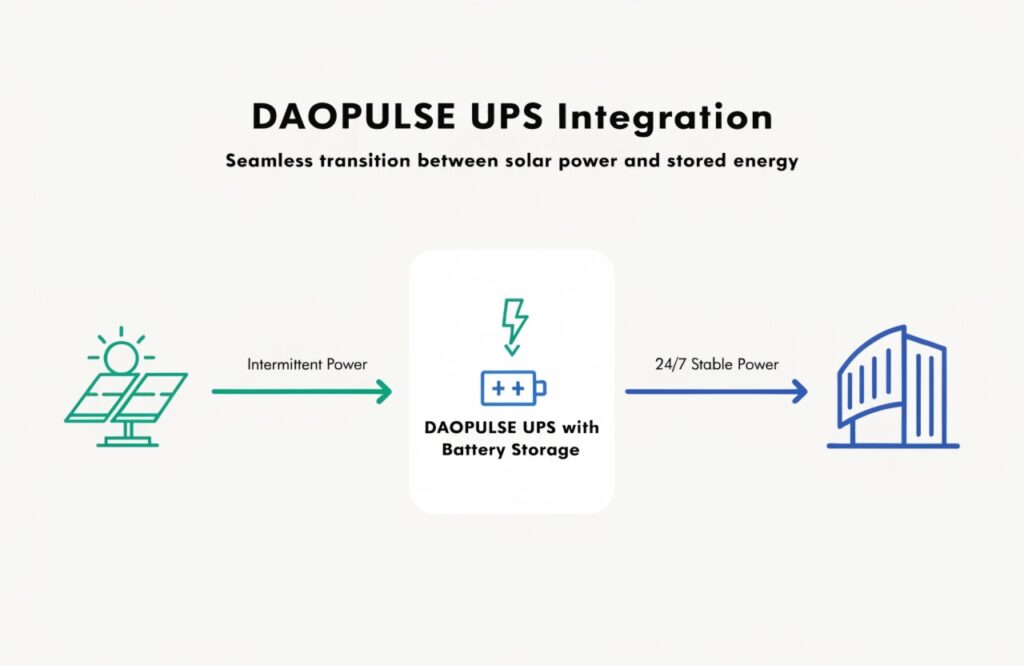 A simple diagram showing a solar panel feeding power into a DAOPULSE UPS, which then provides clean power to a building