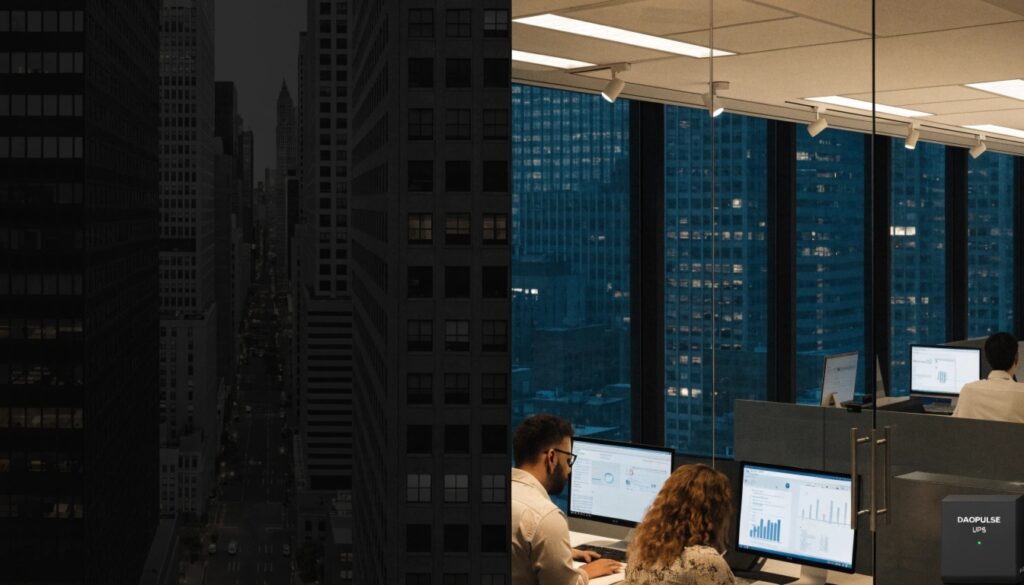 A split image showing a city in a blackout on one side, and an office with lights on and computers running on the other, powered by a DAOPULSE UPS