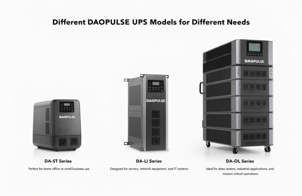 A comparison shot of a small tower UPS, a rackmount UPS, and a large modular online UPS system