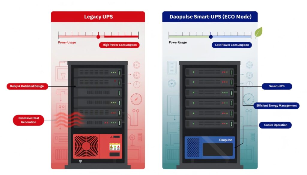An infographic comparing two servers, one with an old UPS showing high energy usage and heat, and one with a Daopulse UPS in ECO mode showing low energy use and minimal heat