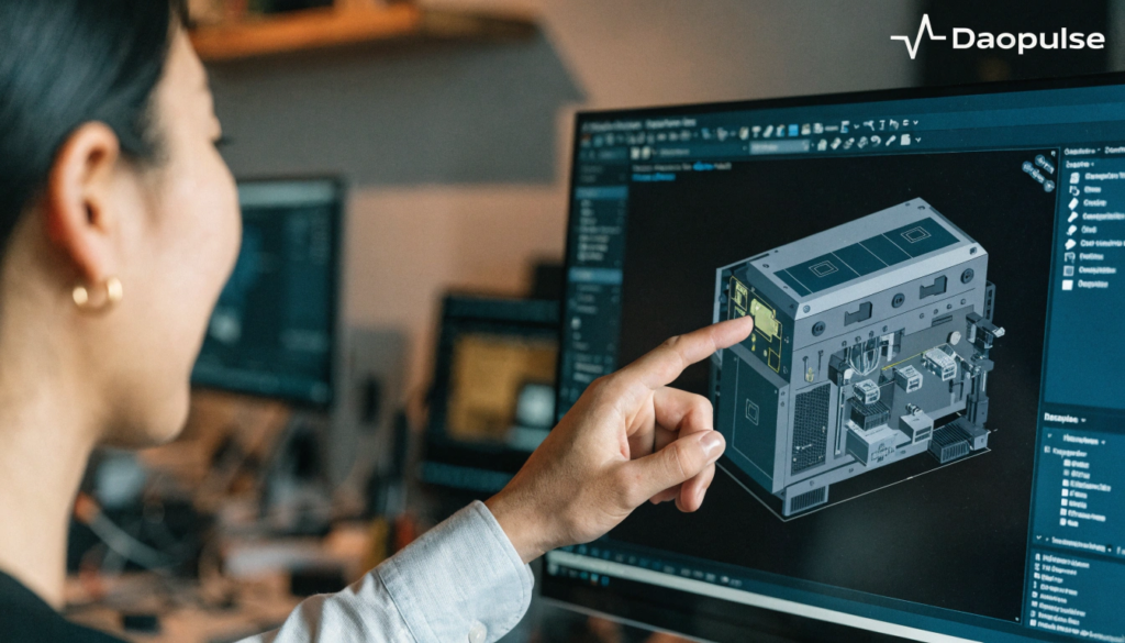 A CAD drawing of a custom UPS on a computer screen, with an engineer pointing out a specific modification to a client