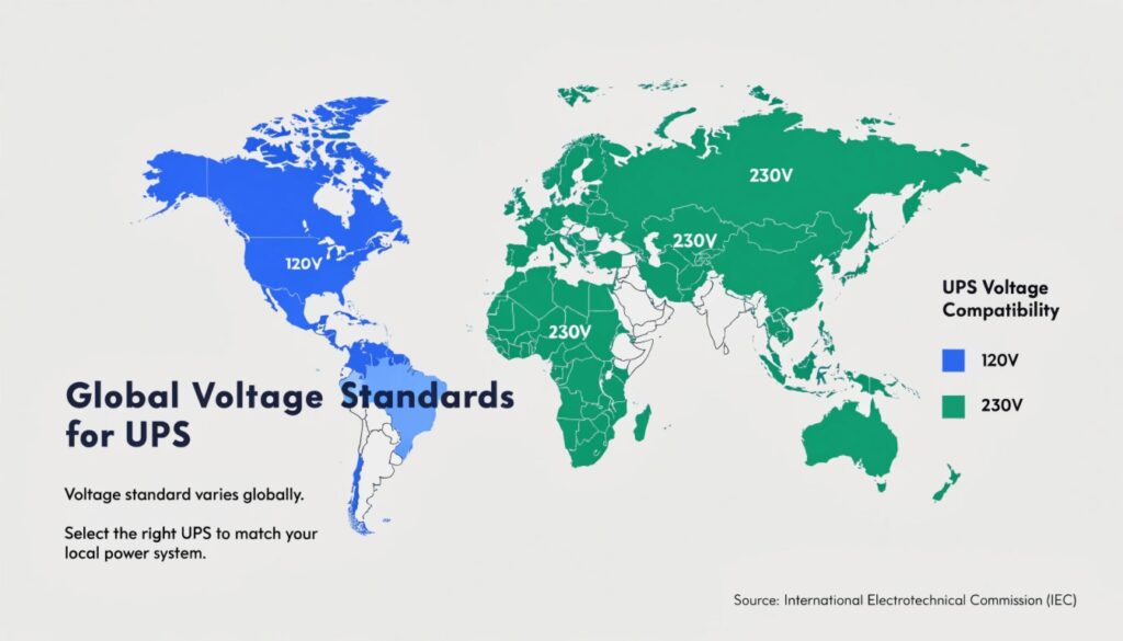 A world map graphic highlighting different regions and their standard voltages, like 120V for North America and 230V for Europe