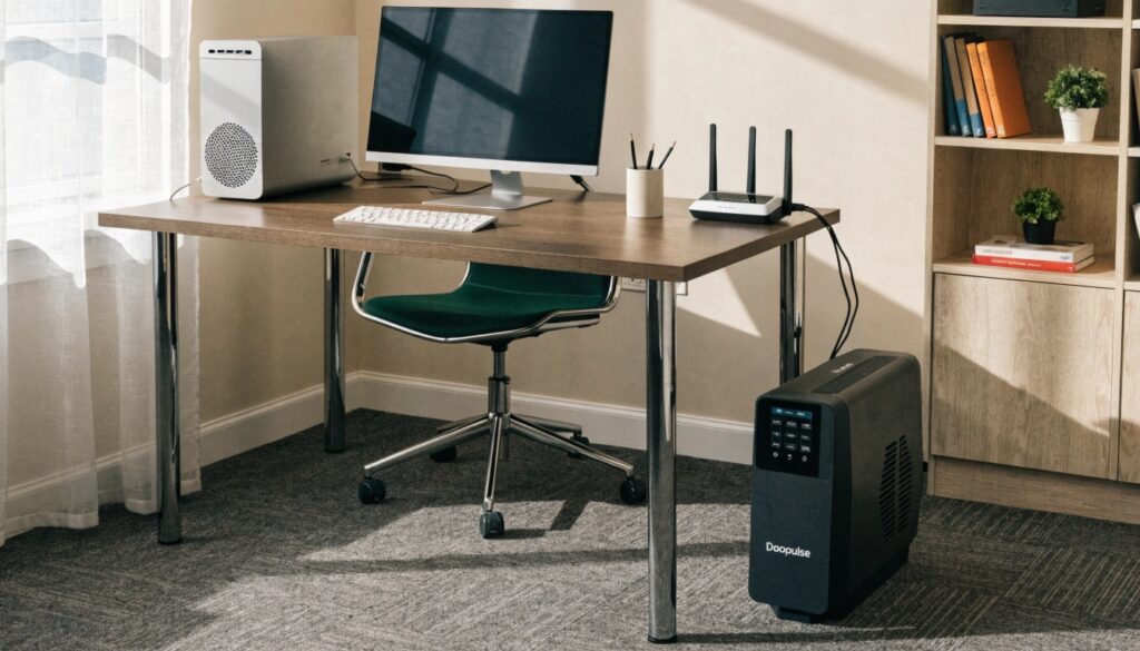 A clean and organized home office setup, with a computer, monitor, and router plugged into a Daopulse UPS unit on the floor