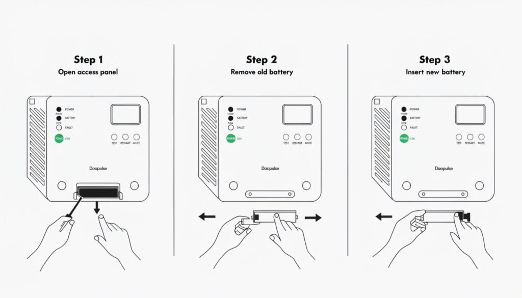 A simple step-by-step diagram showing a person opening a front panel, sliding out a battery cartridge, and sliding in a new one, all while a 'power on' light stays lit
