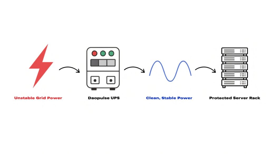 A simple flowchart showing unstable grid power entering a UPS and clean, stable power exiting to protect a server