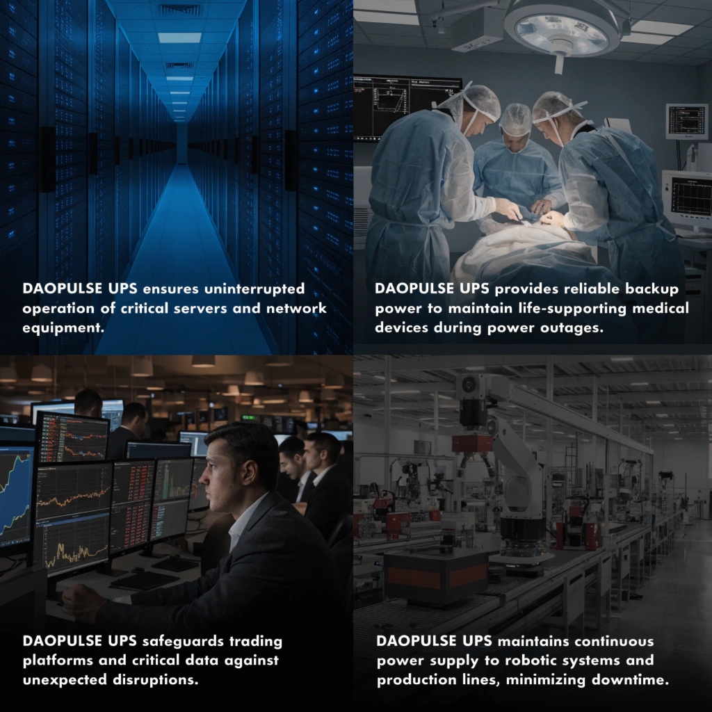 A collage of four images: a bustling server room, a high-tech hospital operating theater, a bank's trading floor, and an automated factory production line