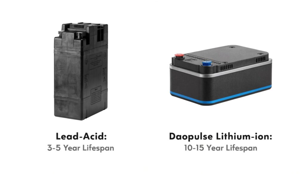 A side-by-side comparison of a lead-acid battery cartridge and a sleeker, more compact lithium-ion battery cartridge