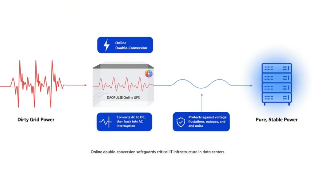 A diagram showing chaotic power waves entering an Online UPS and a perfect sine wave exiting towards a server rack