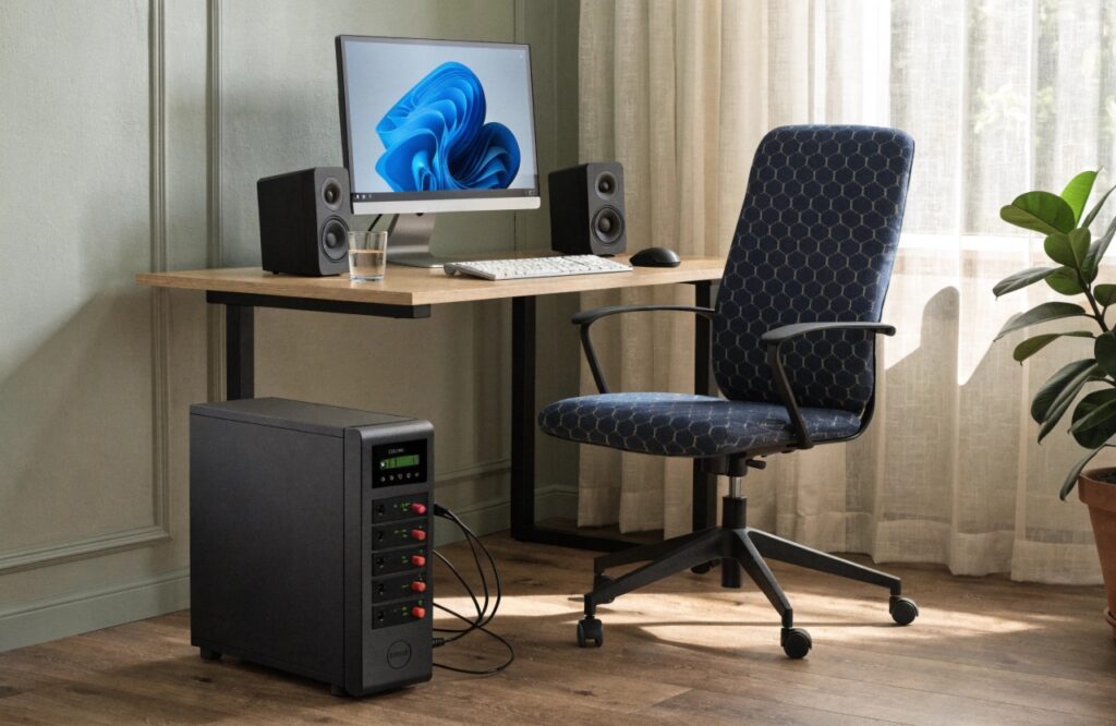 A clean office setup with a PC, monitor, and other peripherals all plugged into a UPS unit on the floor