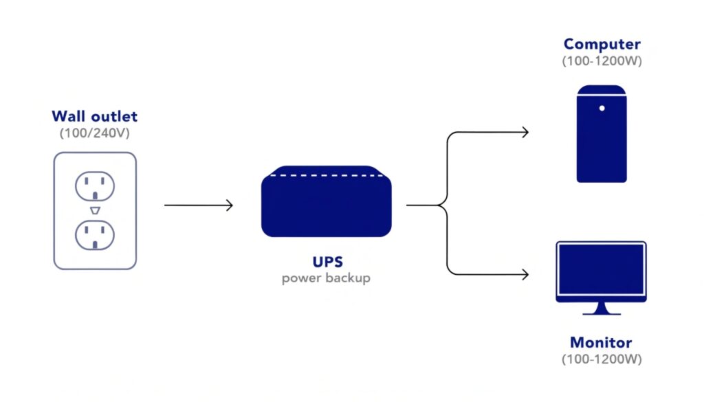 A simple diagram showing a computer and monitor being plugged into a UPS, which is then plugged into a wall outlet