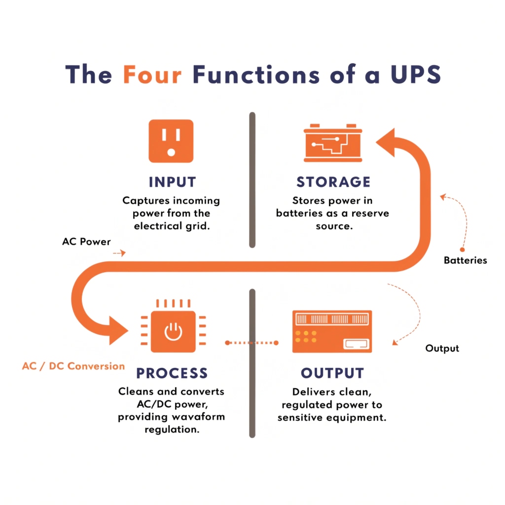A simple flowchart showing Input (Grid), Process (Rectifier/Inverter), Storage (Battery), and Output (Server)