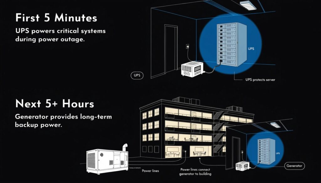 An image showing a small UPS protecting a server for a few minutes, which then transitions to a large generator powering an entire building for hours