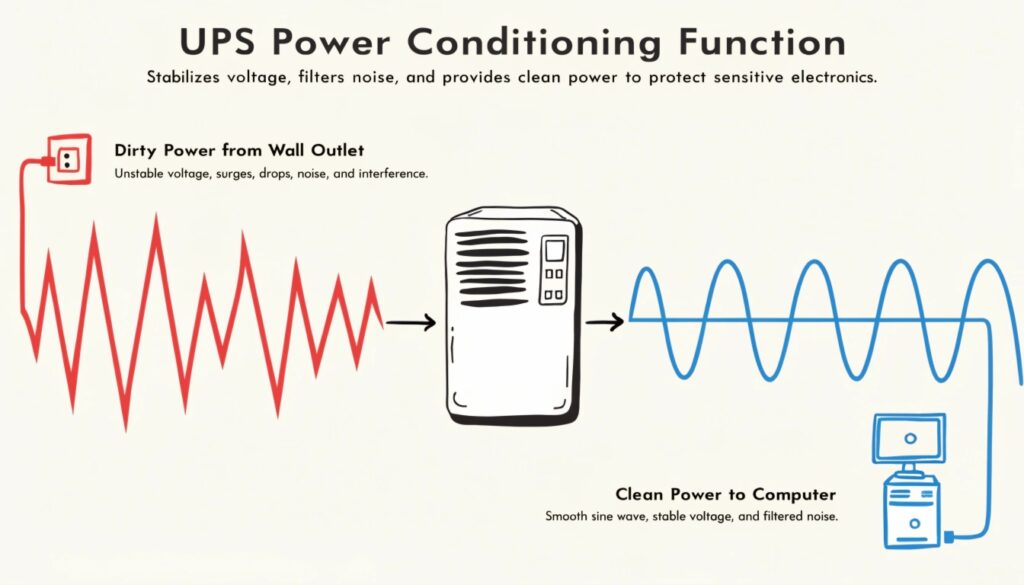 An animation style image showing 'dirty' jagged power going into a UPS and clean, smooth power coming out to a computer