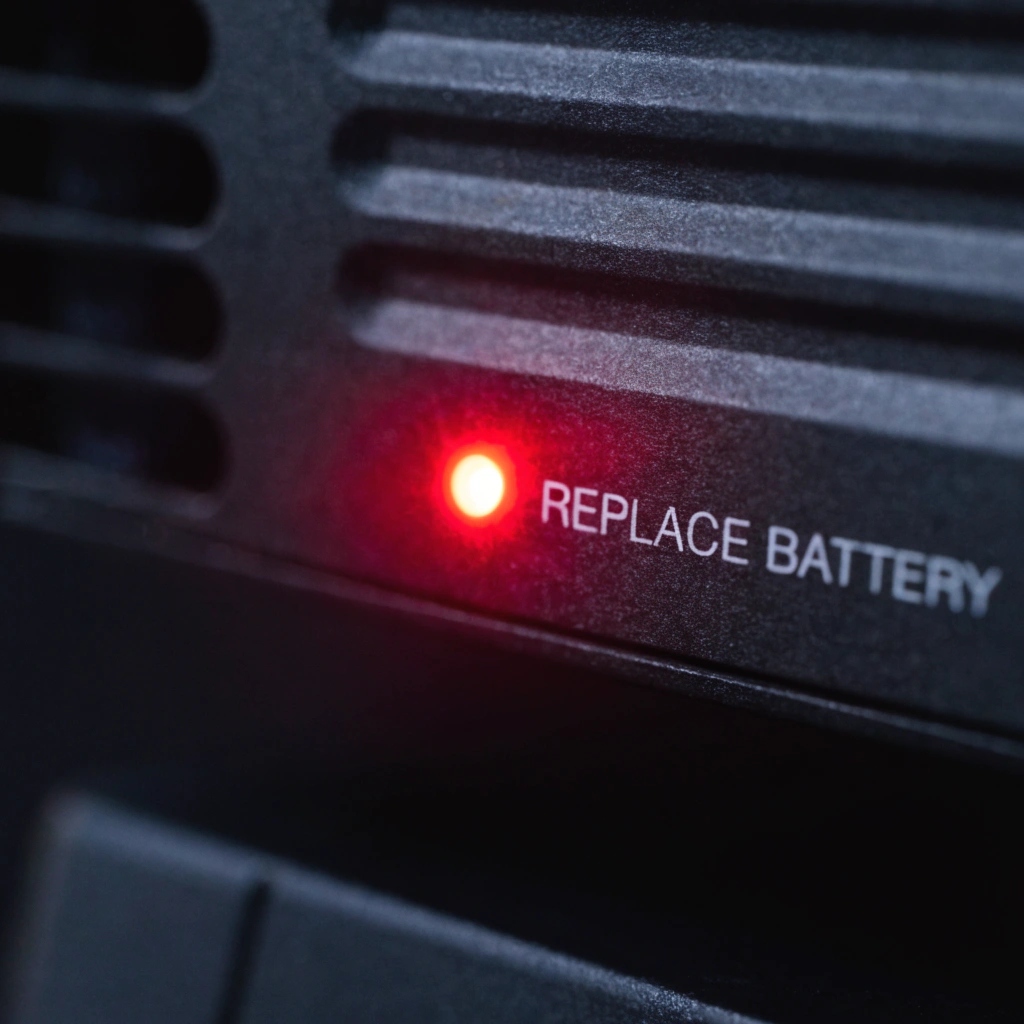 A close-up shot of a UPS front panel with a red 'Replace Battery' LED illuminated brightly