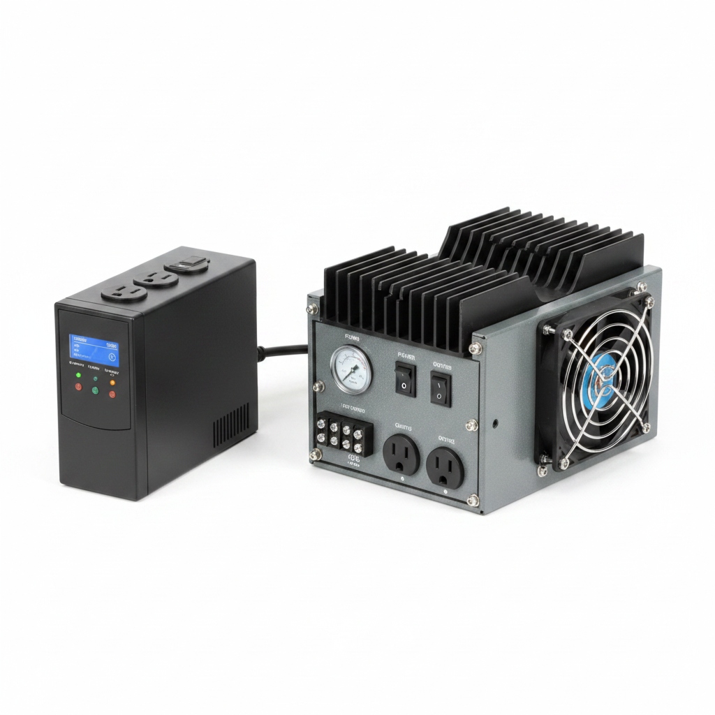 An image comparing a small computer UPS next to a robust, purpose-built power inverter with large cooling fins